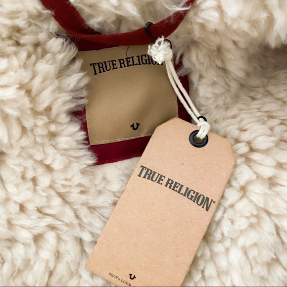 NEW True Religion Parka Fur Sherpa Zip Button Winter Jacket Hooded Coat Maroon - Picture 10 of 10